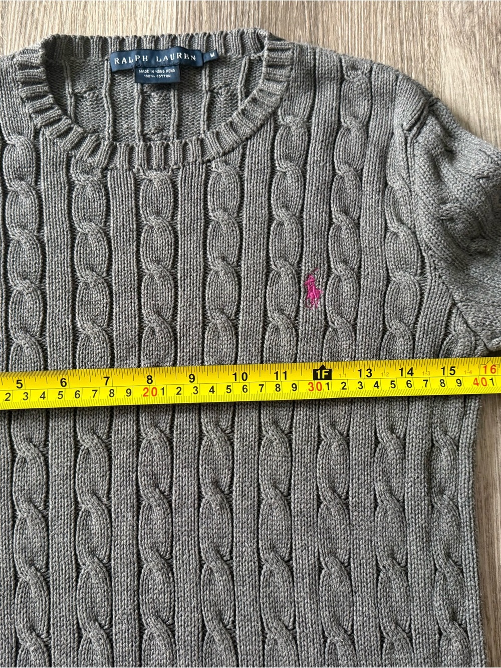 Ralph Lauren Cable Knit Sweater M Gray Pink Pony